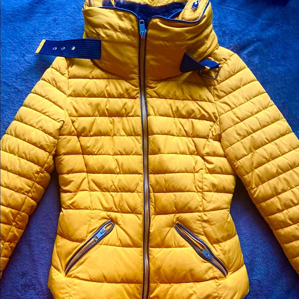 Figure hugging puffed jacket from a Shopaholic’s closet.
